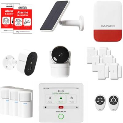 Daewoo Alarm dotykowy Plus Max Smart Home system alarmowy bez abonamentu z kamerami HD wewnątrz i na zewnątrz, syrena słoneczna, 6 czujników drzwi i 3 czujniki ruchu Daewoo Alarm dotykowy Plus Max Smart Home system alarmowy bez abonamentu z kamerami HD wewnątrz i na zewnątrz, syrena słoneczna, 6 czujników drzwi i 3 czujniki ruchu