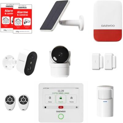 Daewoo Pakiet alarmowy Touch Plus Smart Home Alarm bez abonamentu z kamerą HD, solarną syreną zewnętrzną i czujnikami – kompatybilny z Alexa i Google Home Daewoo Pakiet alarmowy Touch Plus Smart Home Alarm bez abonamentu z kamerą HD, solarną syreną zewnętrzną i czujnikami – kompatybilny z Alexa i Google Home