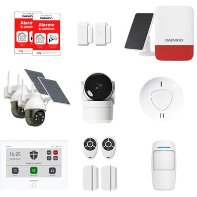 Daewoo Bezprzewodowy alarm WiFi Smart Home Pakiet Ultimate Essential z 2 słonecznymi kamerami zewnętrznymi, kamerą wewnętrzną i syreną bez abonamentu kompatybilny z Alexa i Google Daewoo Bezprzewodowy alarm WiFi Smart Home Pakiet Ultimate Essential z 2 słonecznymi kamerami zewnętrznymi, kamerą wewnętrzną i syreną bez abonamentu kompatybilny z Alexa i Google