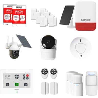 Daewoo Alarm połączonego domu bez abonamentu Smart Protect Advanced Max z kamerami HD, syreną słoneczną i czujnikiem dymu Alexa i Google Home Daewoo Alarm połączonego domu bez abonamentu Smart Protect Advanced Max z kamerami HD, syreną słoneczną i czujnikiem dymu Alexa i Google Home