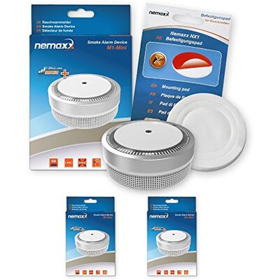 Nemaxx 2 x M1-Mini czujka dymu – czuły, fotoelektryczny czujnik dymu z baterią litową typ DC3V zgodnie z normą DIN EN14604 i VD – srebrny + podkładka mocująca NX1 Nemaxx 2 x M1-Mini czujka dymu – czuły, fotoelektryczny czujnik dymu z baterią litową typ DC3V zgodnie z normą DIN EN14604 i VD – srebrny + podkładka mocująca NX1