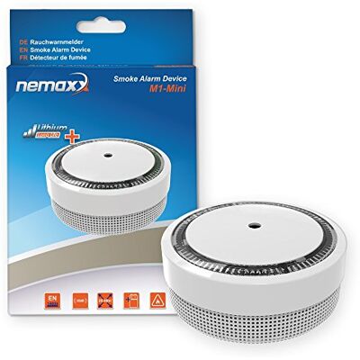 Nemaxx M1-Mini Czuły fotoelektryczny czujnik dymu z akumulatorem litowym DC3V Zgodny z DIN EN14604, srebrny/biały/złoty, M1NX Nemaxx M1-Mini Czuły fotoelektryczny czujnik dymu z akumulatorem litowym DC3V Zgodny z DIN EN14604, srebrny/biały/złoty, M1NX