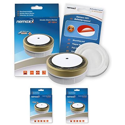 Nemaxx 2 x M1-Mini czujka dymu – czuły, fotoelektryczny czujnik dymu z baterią litową typu DC3V zgodnie z normą DIN EN14604 i VDs – złoty + podkładka do mocowania NX1 Nemaxx 2 x M1-Mini czujka dymu – czuły, fotoelektryczny czujnik dymu z baterią litową typu DC3V zgodnie z normą DIN EN14604 i VDs – złoty + podkładka do mocowania NX1