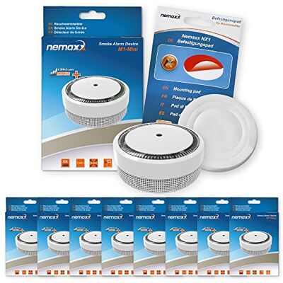 Nemaxx M1NX 8X M1-Mini czujka dymu – czuła, fotoelektryczna czujka dymu – z baterią litową typu DC3V – zgodnie z normą DIN EN14604 biała + podkładka mocująca NX1, biała, 8-częściowy zestaw, 8 sztuk Nemaxx M1NX 8X M1-Mini czujka dymu – czuła, fotoelektryczna czujka dymu – z baterią litową typu DC3V – zgodnie z normą DIN EN14604 biała + podkładka mocująca NX1, biała, 8-częściowy zestaw, 8 sztuk