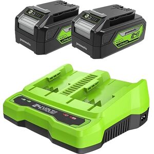 Greenworks Akumulatory 24V i Ładowarka z Dwoma Gniazdami Dwa Akumulatory 4Ah, do Wszystkich Urządzeń 24V, Moc Wyjściowa 48W, Napięcie 4A, Ładuje Akumulator w 60 Min G24B4 & G24X2C Greenworks Akumulatory 24V i Ładowarka z Dwoma Gniazdami Dwa Akumulatory 4Ah, do Wszystkich Urządzeń 24V, Moc Wyjściowa 48W, Napięcie 4A, Ładuje Akumulator w 60 Min G24B4 & G24X2C