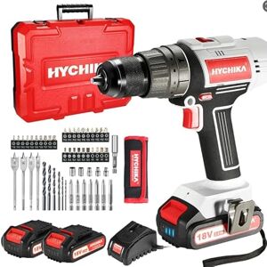 HYCHIKA BETTER TOOLS FOR BETTER LIFE HYCHIKA Wiertarka akumulatorowa 18 V, akumulator 2,0 Ah, maksymalny moment obrotowy 45 Nm, 2-biegowa, moment obrotowy 21+3, światło LED, 55 akcesoriów HYCHIKA BETTER TOOLS FOR BETTER LIFE HYCHIKA Wiertarka akumulatorowa 18 V, akumulator 2,0 Ah, maksymalny moment obrotowy 45 Nm, 2-biegowa, moment obrotowy 21+3, światło LED, 55 akcesoriów