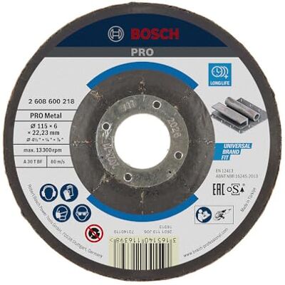 Bosch 1x Korundowa tarcza szlifierska PRO Metal z otworem 22,23 mm, oSa do Stal, Ø 115 mm, Akcesoria Mała szlifierka kątowa Bosch 1x Korundowa tarcza szlifierska PRO Metal z otworem 22,23 mm, oSa do Stal, Ø 115 mm, Akcesoria Mała szlifierka kątowa