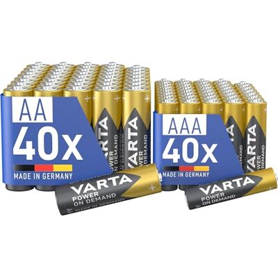 Varta Baterie zestaw mieszany AA i AAA, 80 szt., Power on Demand 40x Mignon LR6 i 40x Micro LR03 1,5 V, Made in Germany, przechowywanie do 10 lat, do akcesoriów komputerowych, urządzenia GPS Varta Baterie zestaw mieszany AA i AAA, 80 szt., Power on Demand 40x Mignon LR6 i 40x Micro LR03 1,5 V, Made in Germany, przechowywanie do 10 lat, do akcesoriów komputerowych, urządzenia GPS