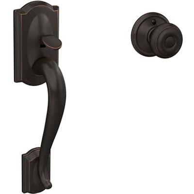 SCHLAGE FE285 CAM 716 GEO Camelot zestaw klamek wejściowych z gruzińską gałką, dolny uchwyt do połowy, postarzany brąz SCHLAGE FE285 CAM 716 GEO Camelot zestaw klamek wejściowych z gruzińską gałką, dolny uchwyt do połowy, postarzany brąz