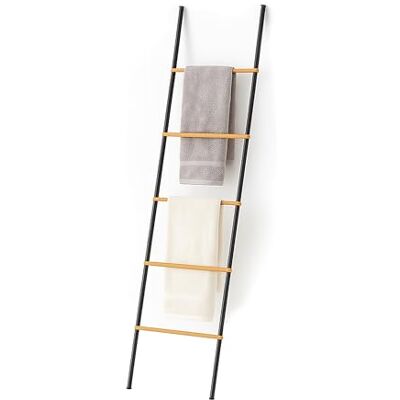 Relaxdays Drabina na ręczniki, bambus i żelazo, wys. x gł.: 164 x 45 x 2 cm, drabina dekoracyjna 5 szczebli, ręczniki i ubrania, czarny/naturalny Relaxdays Drabina na ręczniki, bambus i żelazo, wys. x gł.: 164 x 45 x 2 cm, drabina dekoracyjna 5 szczebli, ręczniki i ubrania, czarny/naturalny
