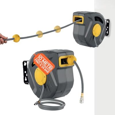 DAIMANN 10 m bęben sprężonego powietrza z automatycznym zwijaniem, wytrzymały wąż sprężarki powietrza z PVC, montaż na ścianie lub suficie, kompaktowy i elastyczny DAIMANN 10 m bęben sprężonego powietrza z automatycznym zwijaniem, wytrzymały wąż sprężarki powietrza z PVC, montaż na ścianie lub suficie, kompaktowy i elastyczny