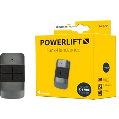 Schellenberg Powerlift Pilot radiowy 4-kanałowy do napędów bram garażowych i zewnętrznych, częstotliwość radiowa 433,92 MHz, zasięg 40 m w terenie otwartym, wraz z baterią, 60870 Schellenberg Powerlift Pilot radiowy 4-kanałowy do napędów bram garażowych i zewnętrznych, częstotliwość radiowa 433,92 MHz, zasięg 40 m w terenie otwartym, wraz z baterią, 60870
