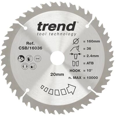 Trend CSB/16036 - Kołkowana tarcza do piły - 160mm, 36 zębów, 20mm średnica Trend CSB/16036 - Kołkowana tarcza do piły - 160mm, 36 zębów, 20mm średnica