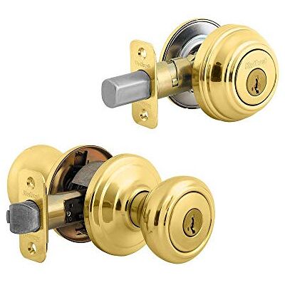 Kwikset Cameron gałka do drzwi z kluczem i zasuwą pojedynczego cylindra, zestaw kombi z ochroną antybakteryjną i zabezpieczeniem SmartKey, z polerowanego mosiądzu Kwikset Cameron gałka do drzwi z kluczem i zasuwą pojedynczego cylindra, zestaw kombi z ochroną antybakteryjną i zabezpieczeniem SmartKey, z polerowanego mosiądzu
