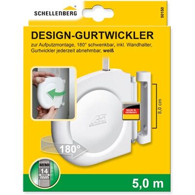 Schellenberg 50150 Design Mini zwijacz paska roletowego z paskiem 14 mm x 5 m i uchwytem ściennym, biały Schellenberg 50150 Design Mini zwijacz paska roletowego z paskiem 14 mm x 5 m i uchwytem ściennym, biały