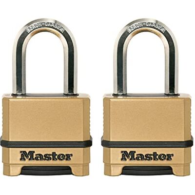 Master Lock , Wytrzymała kłódka odporna na warunki atmosferyczne, resetowalny zamek szyfrowy do użytku na zewnątrz, 2 sztuki, M175LFEC2, złoty, 3 x 5 x 9,8 cm Master Lock , Wytrzymała kłódka odporna na warunki atmosferyczne, resetowalny zamek szyfrowy do użytku na zewnątrz, 2 sztuki, M175LFEC2, złoty, 3 x 5 x 9,8 cm