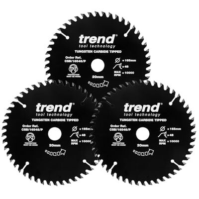 Trend CraftPro TCT PTFE Ostrza Piły z Powłoką Nieprzywierającą, 165 mm Średnica, Otwór 20 mm, 48 Zębów, Szerokość Rowka 2,2 mm, Zestaw 3 Sztuki, CSB/165/3PKAP Trend CraftPro TCT PTFE Ostrza Piły z Powłoką Nieprzywierającą, 165 mm Średnica, Otwór 20 mm, 48 Zębów, Szerokość Rowka 2,2 mm, Zestaw 3 Sztuki, CSB/165/3PKAP