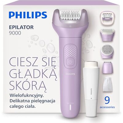 Philips bezprzewodowy depilator elektryczny z serii 9000 – usuwanie włosków z ciała, twarzy i miejsc wrażliwych, na mokro i sucho, ProGuide, 9 akcesoriów, czas pracy 60 minut, model BRE729/00 Philips bezprzewodowy depilator elektryczny z serii 9000 – usuwanie włosków z ciała, twarzy i miejsc wrażliwych, na mokro i sucho, ProGuide, 9 akcesoriów, czas pracy 60 minut, model BRE729/00