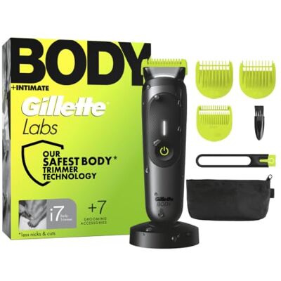 Gillette Labs i7 męska trymer do ciała i stref intymnych z technologią SkinFirst, wodoodporna trymer do strzyżenia włosów, światło LED, 3 precyzyjne akcesoria do cięcia i podstawa do ładowania Gillette Labs i7 męska trymer do ciała i stref intymnych z technologią SkinFirst, wodoodporna trymer do strzyżenia włosów, światło LED, 3 precyzyjne akcesoria do cięcia i podstawa do ładowania