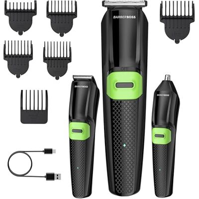 BARBERBOSS Zestaw do pielęgnacji 3 w 1 dla mężczyzn, trymer do brody, maszynka do strzyżenia włosów i trymer do włosów w nosie, precyzyjne ostrza, 6 grzebieni, ładowanie USB, wskaźnik LED i BARBERBOSS Zestaw do pielęgnacji 3 w 1 dla mężczyzn, trymer do brody, maszynka do strzyżenia włosów i trymer do włosów w nosie, precyzyjne ostrza, 6 grzebieni, ładowanie USB, wskaźnik LED i