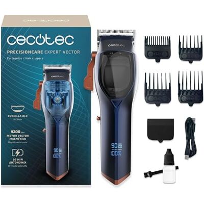 Cecotec PrecisionCare Expert Vector Silnik Wektor Maszynka do strzyżenia włosów z silnikiem. 9200 obr./min, 4 grzebienie, ostrze DLC ze stali nierdzewnej i ceramiki, wyświetlacz, autonomia 90mins Cecotec PrecisionCare Expert Vector Silnik Wektor Maszynka do strzyżenia włosów z silnikiem. 9200 obr./min, 4 grzebienie, ostrze DLC ze stali nierdzewnej i ceramiki, wyświetlacz, autonomia 90mins