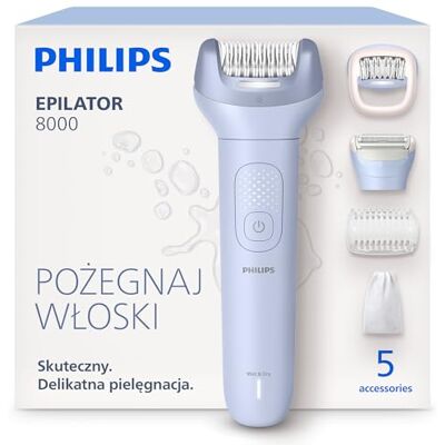 Philips Depilator z serii 8000 – bezprzewodowy depilator do użytku na mokro i na sucho, technologia ProGuide, 5 akcesoriów w zestawie, czas pracy do 60 minut, model BRE709/00 Philips Depilator z serii 8000 – bezprzewodowy depilator do użytku na mokro i na sucho, technologia ProGuide, 5 akcesoriów w zestawie, czas pracy do 60 minut, model BRE709/00