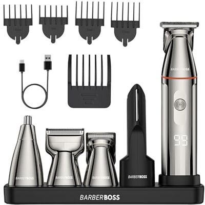 BARBERBOSS 5 w 1 trymer do brody dla mężczyzn, bezprzewodowa maszynka do strzyżenia włosów, golarka do nosa i ciała z wyświetlaczem LED i ładowaniem USB-C, maszynka do strzyżenia ciała BARBERBOSS 5 w 1 trymer do brody dla mężczyzn, bezprzewodowa maszynka do strzyżenia włosów, golarka do nosa i ciała z wyświetlaczem LED i ładowaniem USB-C, maszynka do strzyżenia ciała