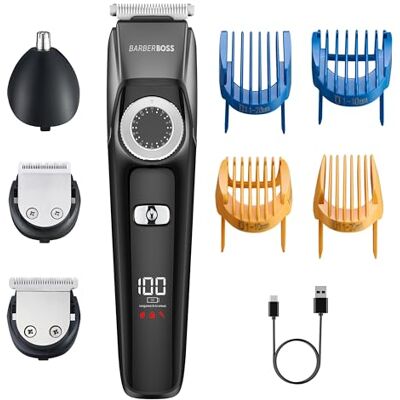 BARBERBOSS 3 w 1 trymer do brody i włosów dla mężczyzn, bezprzewodowy zestaw do pielęgnacji z trymerem do nosa/uszu, regulowana tarcza, ceramiczne ostrza, wodoodporne i ładowanie przez USB, zestaw do BARBERBOSS 3 w 1 trymer do brody i włosów dla mężczyzn, bezprzewodowy zestaw do pielęgnacji z trymerem do nosa/uszu, regulowana tarcza, ceramiczne ostrza, wodoodporne i ładowanie przez USB, zestaw do