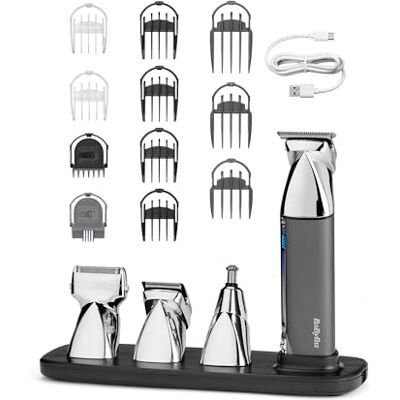 BaByliss Super-X Metal 15 w 1 wielofunkcyjny trymer wielofunkcyjny bezprzewodowy zestaw do pielęgnacji, trymer do brody i trymer do nosa, wodoodporny, prezent dla mężczyzn, srebrny/szary, MT996E BaByliss Super-X Metal 15 w 1 wielofunkcyjny trymer wielofunkcyjny bezprzewodowy zestaw do pielęgnacji, trymer do brody i trymer do nosa, wodoodporny, prezent dla mężczyzn, srebrny/szary, MT996E