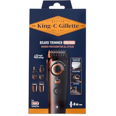 King C Gillette Pro Max trymer do brody dla mężczyzn, bezprzewodowy trymer do brody z 40 ustawieniami długości i style-Lock — w zestawie 1 szczotka do czyszczenia, 4 wymienne nasadki grzebieniowe i 1 King C Gillette Pro Max trymer do brody dla mężczyzn, bezprzewodowy trymer do brody z 40 ustawieniami długości i style-Lock — w zestawie 1 szczotka do czyszczenia, 4 wymienne nasadki grzebieniowe i 1