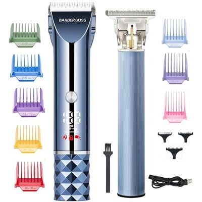 BARBERBOSS Męski trymer do włosów i brody, Turbo Speed Groomer z wyświetlaczem LED, regulowane ostrze, 8 grzebieni prowadzących i akumulatorowy zestaw do strzyżenia włosów i akumulatorowych przez USB BARBERBOSS Męski trymer do włosów i brody, Turbo Speed Groomer z wyświetlaczem LED, regulowane ostrze, 8 grzebieni prowadzących i akumulatorowy zestaw do strzyżenia włosów i akumulatorowych przez USB