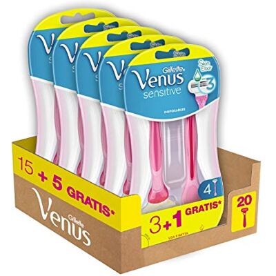 Gillette Sensitive golarka damska, 3 + 1 golarka, opakowanie z 20 ostrzami (3 ostrza), gładkie golenie z nawilżającymi jednorazowymi paskami, pomysł na prezent Gillette Sensitive golarka damska, 3 + 1 golarka, opakowanie z 20 ostrzami (3 ostrza), gładkie golenie z nawilżającymi jednorazowymi paskami, pomysł na prezent