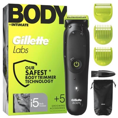 Gillette Labs i5 maszynka do strzyżenia ciała i stref intymnych, z technologią SkinFirst, wodoodporna trymer do strzyżenia ciała, 3 precyzyjne akcesoria do cięcia, zasilana baterią litowo-jonową Gillette Labs i5 maszynka do strzyżenia ciała i stref intymnych, z technologią SkinFirst, wodoodporna trymer do strzyżenia ciała, 3 precyzyjne akcesoria do cięcia, zasilana baterią litowo-jonową