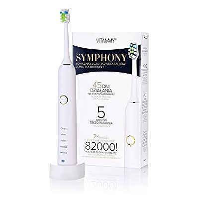 VITAMMY Symphony White, Szczoteczka soniczna do zębów, Biała, 82000 ruchów/min, 5 trybów szczotkowania, Wodoodporna IPX7, Wyprofilowana główka VITAMMY Symphony White, Szczoteczka soniczna do zębów, Biała, 82000 ruchów/min, 5 trybów szczotkowania, Wodoodporna IPX7, Wyprofilowana główka