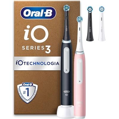 Oral-B iO 3 Dual Pack, Black & Pink Szczoteczki elektryczne, 2 końcówki do szczoteczek elektrycznych, 1 etui podróżne, stworzone w technologii Braun Oral-B iO 3 Dual Pack, Black & Pink Szczoteczki elektryczne, 2 końcówki do szczoteczek elektrycznych, 1 etui podróżne, stworzone w technologii Braun