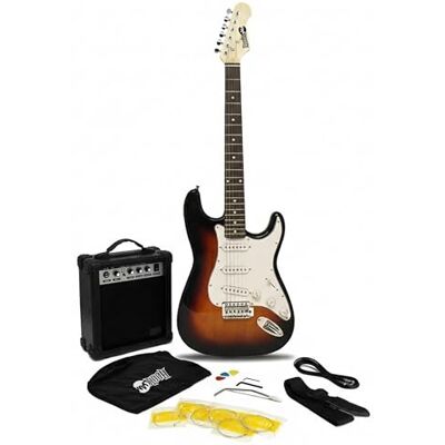 RockJam pełnowymiarowy zestaw gitarowy elektryczny z wzmacniaczem 10-watowym, akcesoriami i lekcjami, Sunburst RockJam pełnowymiarowy zestaw gitarowy elektryczny z wzmacniaczem 10-watowym, akcesoriami i lekcjami, Sunburst