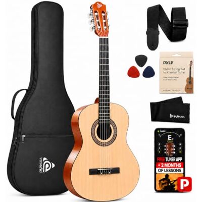 Pyle Gitara akustyczna 76 cm rozmiar dziecięcy zestaw startowy 6 tradycyjny klasyczny, ręcznie wykonany drewno lipowe z torbą, cyfrowy tuner, struny, kostki, pasek, dla początkujących studentów, prawy, brązowy (PGACLS40) Pyle Gitara akustyczna 76 cm rozmiar dziecięcy zestaw startowy 6 tradycyjny klasyczny, ręcznie wykonany drewno lipowe z torbą, cyfrowy tuner, struny, kostki, pasek, dla początkujących studentów, prawy, brązowy (PGACLS40)