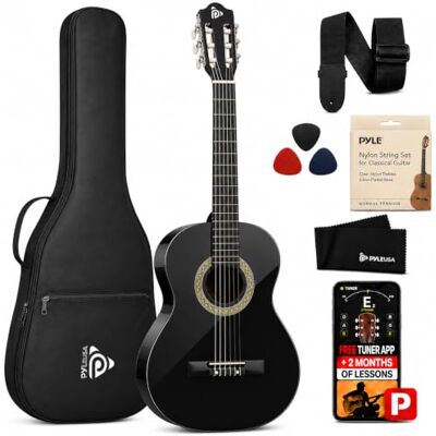 Pyle Zestaw do gitary akustycznej dla początkujących, 1/4 Junior Size All Wood Instrument dla dorosłych, dzieci, 76 cm czarny matowy Pyle Zestaw do gitary akustycznej dla początkujących, 1/4 Junior Size All Wood Instrument dla dorosłych, dzieci, 76 cm czarny matowy