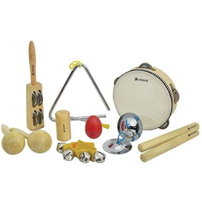 Chord CPS09 9-częściowy zestaw instrumentów perkusyjnych z torbą – zawiera tamburyn, marakasy, shakery, claves, opaskę Jingle, pałeczkę, talerze na palce i trójkąt Chord CPS09 9-częściowy zestaw instrumentów perkusyjnych z torbą – zawiera tamburyn, marakasy, shakery, claves, opaskę Jingle, pałeczkę, talerze na palce i trójkąt