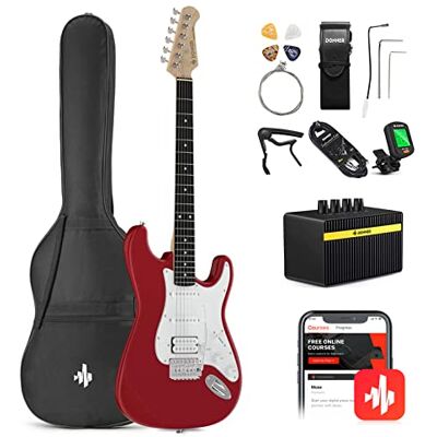 Donner Gitara elektryczna zestaw 39 cali ze wzmacniaczem, torbą, kapo, paskiem, strunami, tunerem, kablem i kostkami (czerwony) Donner Gitara elektryczna zestaw 39 cali ze wzmacniaczem, torbą, kapo, paskiem, strunami, tunerem, kablem i kostkami (czerwony)