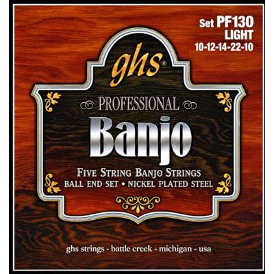 GHS Strings GHS Professional PF130 Banjo String Set, 5-String, Ball End, Stainless Steel, Light, .011-.022 GHS Strings GHS Professional PF130 Banjo String Set, 5-String, Ball End, Stainless Steel, Light, .011-.022