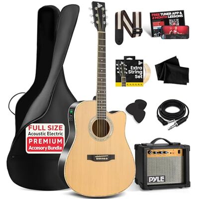 Pyle Akustyczna gitara elektryczna i zestaw wzmacniacza pełna skala 104 cm stalowy sznur świerkowy z torbą Gig Bag, 4-pasmowy EQ, tuner z klipsem i wbudowanym strojem, kostki, pasek na ramię dla początkujących i studentów Pyle Akustyczna gitara elektryczna i zestaw wzmacniacza pełna skala 104 cm stalowy sznur świerkowy z torbą Gig Bag, 4-pasmowy EQ, tuner z klipsem i wbudowanym strojem, kostki, pasek na ramię dla początkujących i studentów