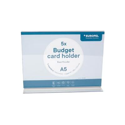 Europel Budżet T A5 etui na karty poziome, zestaw 5 sztuk, przezroczysty akrylowy ekspozytor 1,5 mm, dwustronny stojak ekspozycyjny do etykiet z cenami, menu, informacji i ekspozycji Europel Budżet T A5 etui na karty poziome, zestaw 5 sztuk, przezroczysty akrylowy ekspozytor 1,5 mm, dwustronny stojak ekspozycyjny do etykiet z cenami, menu, informacji i ekspozycji