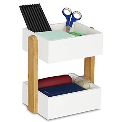Relaxdays Organizer na biurko, 2 otwarte kieszenie, bambus i MDF, pudełko do przechowywania, wys. x szer. x gł.: 25 x 22,5 x 16,5 cm, biały Relaxdays Organizer na biurko, 2 otwarte kieszenie, bambus i MDF, pudełko do przechowywania, wys. x szer. x gł.: 25 x 22,5 x 16,5 cm, biały