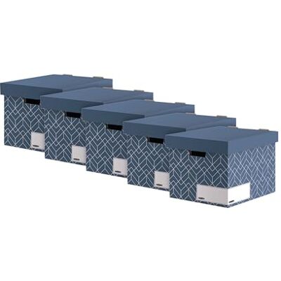 Fellowes Bankers Box Pudełko do archiwizacji z pokrywką, seria Décor do biura i domu, stabilne, z otworami na uchwyty, ze 100% tektury falistej z recyklingu, kolor/motyw: Łupkowy niebieski, 5 sztuk Fellowes Bankers Box Pudełko do archiwizacji z pokrywką, seria Décor do biura i domu, stabilne, z otworami na uchwyty, ze 100% tektury falistej z recyklingu, kolor/motyw: Łupkowy niebieski, 5 sztuk