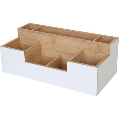 Relaxdays Organizer bambusowy, 7 przegródek, wys. x szer. x gł.: 11 x 30 x 15 cm, schowek na biurko, biały/naturalny Relaxdays Organizer bambusowy, 7 przegródek, wys. x szer. x gł.: 11 x 30 x 15 cm, schowek na biurko, biały/naturalny