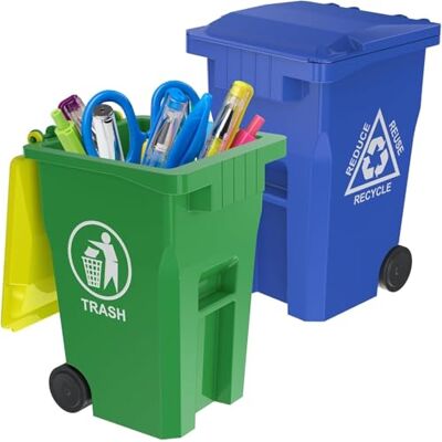 Wiosi Mini pojemnik na śmieci z krawężnikiem i unikalny mały rozmiar puszki do recyklingu, organizer na ołówki, organizer na biurko, zielony, niebieski, 2-pak Wiosi Mini pojemnik na śmieci z krawężnikiem i unikalny mały rozmiar puszki do recyklingu, organizer na ołówki, organizer na biurko, zielony, niebieski, 2-pak