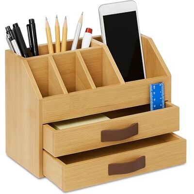 Relaxdays Organizer na biurko, szuflada i przegródki, wys. x szer. x gł.: 19 x 24 x 14 cm, bambus i płyta MDF, przechowywanie biurowe, naturalny/brązowy, tworzywo sztuczne Relaxdays Organizer na biurko, szuflada i przegródki, wys. x szer. x gł.: 19 x 24 x 14 cm, bambus i płyta MDF, przechowywanie biurowe, naturalny/brązowy, tworzywo sztuczne