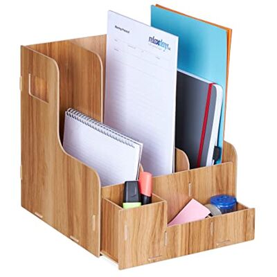 Relaxdays Segregator stojący, 3 przegródki, DIN A4, z organizerem na biurko, do biura i szkoły, na czasopisma, MDF, brązowy Relaxdays Segregator stojący, 3 przegródki, DIN A4, z organizerem na biurko, do biura i szkoły, na czasopisma, MDF, brązowy