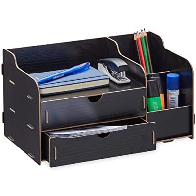 Relaxdays Organizer na biurko, 2 szuflady i 3 przegródki, pojemnik na długopisy MDF, wys. x szer. x gł.: 17 x 33 x 19 cm, organizer biurowy, czarny Relaxdays Organizer na biurko, 2 szuflady i 3 przegródki, pojemnik na długopisy MDF, wys. x szer. x gł.: 17 x 33 x 19 cm, organizer biurowy, czarny